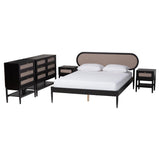 Shirin Mid-Century Beige Fabric and Black Wood Queen 5-Piece Bedroom Set