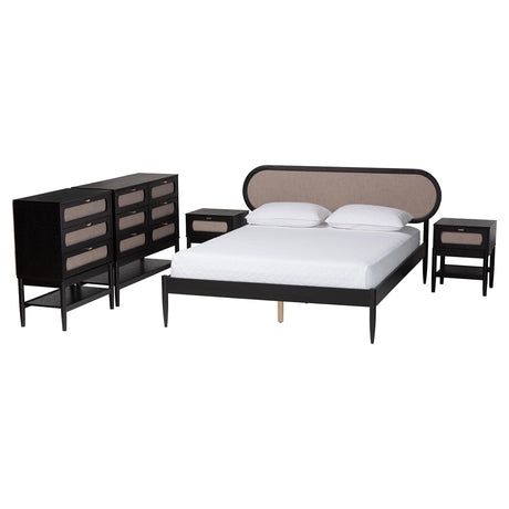 Shirin Mid-Century Beige Fabric and Black Wood Queen 5-Piece Bedroom Set